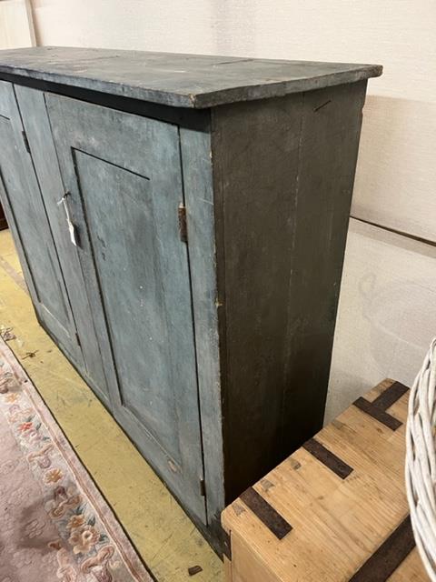 A 19th century French painted pine two door side cabinet, width 161cm, depth 41cm, height 125cm